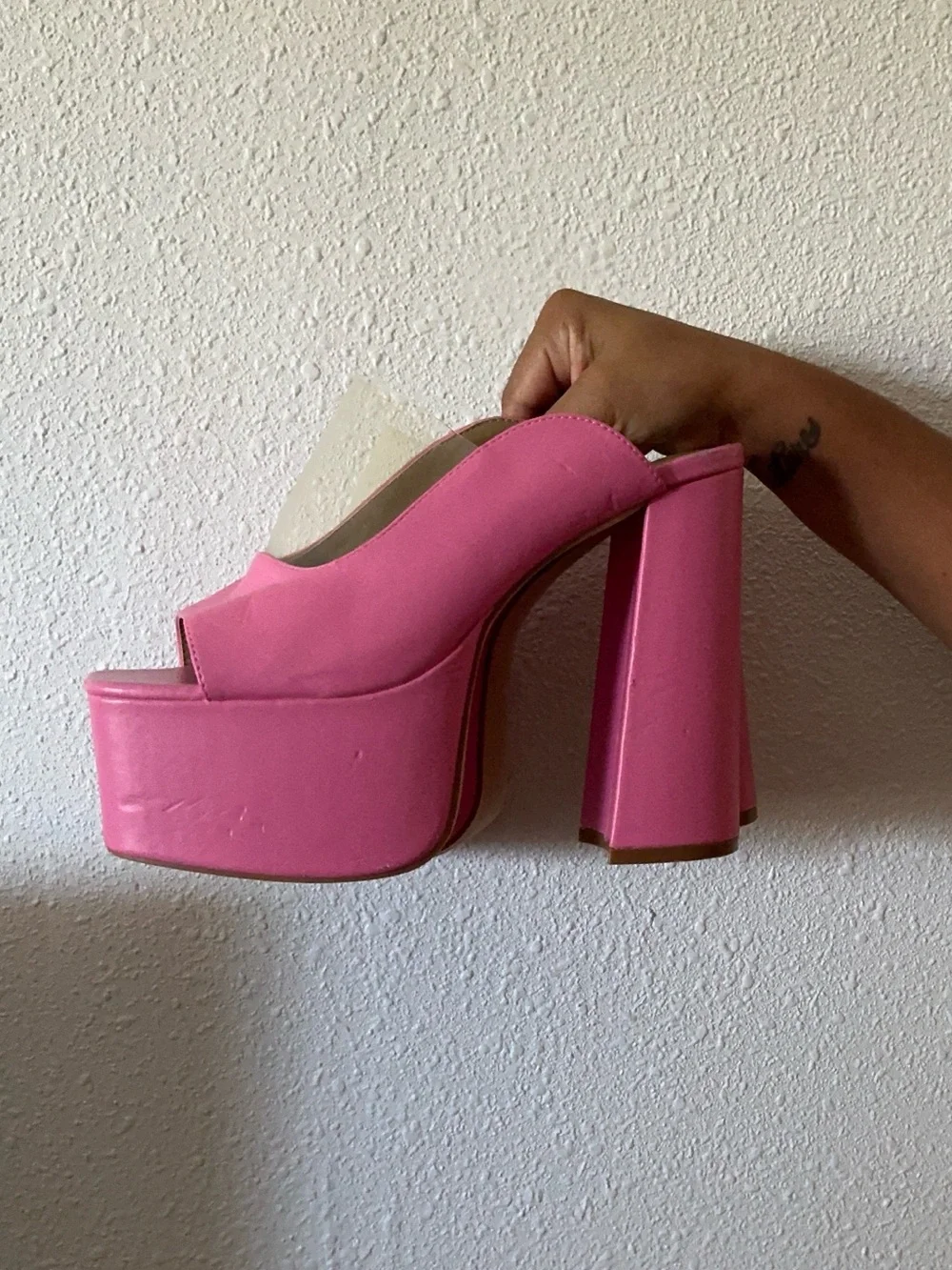 Women’s Pink Platform Mule Heels with Clear Strap